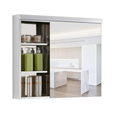 Imagem de Armário de espelho de banheiro de aço inoxidável com prateleira, armário de espelho cosmético para quarto de casa, prateleira de 3 camadas interna, porta única
