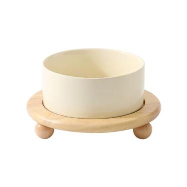 Imagem de Havniva Tigela de cerâmica elevada para comida e água, tigela de gatinho, prato elevado para cães, alimentador para cães (15 cm, 1 branco creme + suporte)