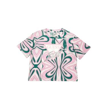 Imagem de GUESS Camisa com ícone de manga curta de algodão orgânico para meninas, Estampa geométrica, 16 Anos