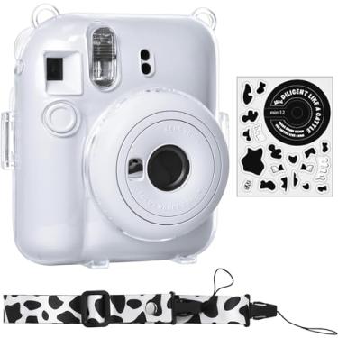 Imagem de Rieibi Capa para câmera Mini 12 – Capa protetora transparente para câmera instantânea Fujifilm Instax Mini 12 – Capa rígida de PC com alça de ombro removível, Estojo de atualização e adesivo de leite,