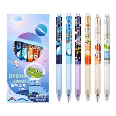 Imagem de Joucien Caneta neutra com ponta ST de 0,5 mm em caixa azul apagável térmica neutra - 6 peças - dinossauro estrela (refil azul)