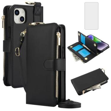 Imagem de Asuwish Capa de telefone para iPhone 15 Plus 6,7 polegadas com zíper carteira com protetor de tela de vidro temperado alça suporte para cartão capa celular i-Phone 15+ iPhone15Plus 5G i i15 + iPhone15