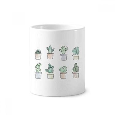 Imagem de Suporte para caneta com ilustração de planta em vaso de suculentas com estampa de cacto, caneca de cerâmica branca 355 ml