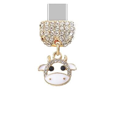 Imagem de ELISE & FONDA TP216 Tipo-C porta de carregamento USB plugue de cristal antipoeira pingente de vaca pequena pingente para celular Samsung Galaxy/Huawei/OnePlus/Xiaomi/oppo telefones Android (branco),