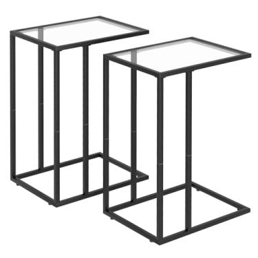 Imagem de Conjunto de 2 mesas de canto em forma de C, mesa lateral de sofá de sofá, bandeja de TV de vidro temperado com moldura de metal para pequenos espaços, sala de estar, quarto, cabeceira, estilo moderno,