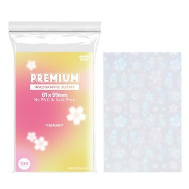 Imagem de Mandu Deco Sakura Flower Holographic Kpop Photocard Sleeves Protetor de cartão sem PVC e sem ácido, capa protetora com 100 mangas por pacote (61 x 91 mm (para mangas duplas))