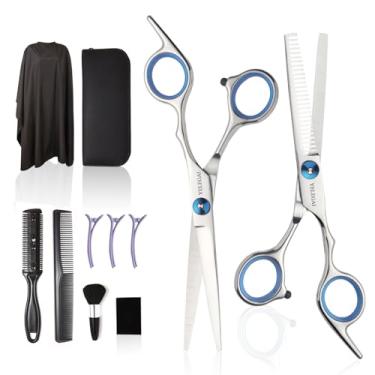 Imagem de Kit de tesouras de corte de cabelo, conjunto profissional de 11 peças - corte de cabelo, tesoura de desbaste, escova de espanador de pescoço, pente, capa de barbeiro, grampos de cabelo, tesouras de