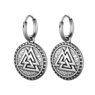 Imagem de Brincos viking nórdicos para homens - Aço inoxidável vintage lobo celta lua crescente viking valknut runas Thor Hammer Mjolnir caveira enorme brincos pendentes, Aço inoxidável, Sem pedra preciosa