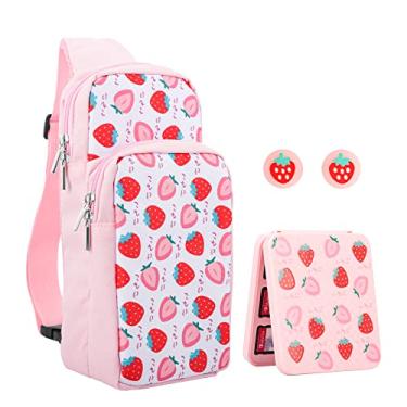 Imagem de RHOTALL Pink Strawberry Travel Bag for Nintendo Switch/Lite/OLED/2,Large Capacity Portable Carrying Case Compatible for Chest Shoulder Accessories Storage Backpack with 12 Slots Game Case,Thumb Caps