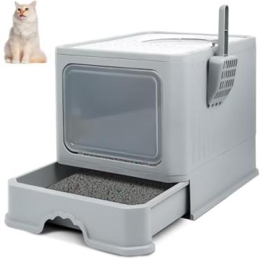 Imagem de Reamfit Caixa de Areia para Gatos, 50x40x40CM, Cinza, Fechada, Grande Capacidade, Porta Transparente de Abertura Dupla