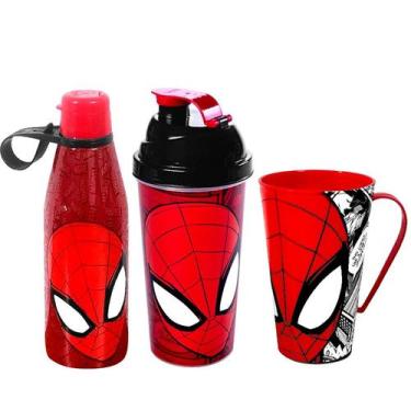 Imagem de Kit Copo Shake Caneca e Garrafinha Infantil Homem Aranha - Plasútil