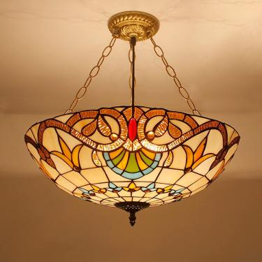 Imagem de Lustre estilo Tiffany de 20 polegadas, luminária pendente vintage feita à mão com vitral, teto LED E27 ajustável em altura para sala de estar, quarto, decoração de sala de jantar, E