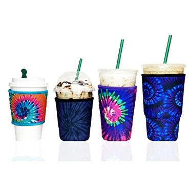 Imagem de Manga de café gelado Baxendale para copos de bebida fria - Pacote com 4 capas de copo de manga de café gelado de neoprene para bebidas frias, reutilizável compatível com Starbucks Dunkin, 4 mm de espessura (4 PK PP/P/M/G, mistura de tie dye #1)