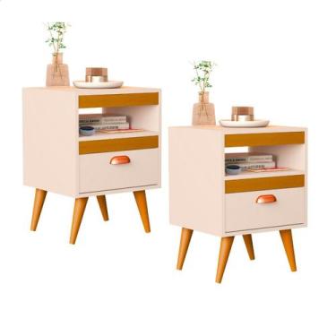 Imagem de Kit 2 Mesa de Cabeceira Para Quarto Com Pés Estilo Retro 1 Gaveta e Ni