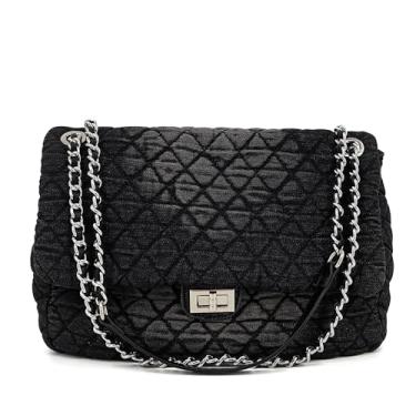 Imagem de Bolsa jeans acolchoada, bolsa de ombro para mulheres, bolsa tiracolo com aba, bolsa hobo moderna corrente prateada, bolsa jeans vintage lavada, Preto lavado, grande, Large