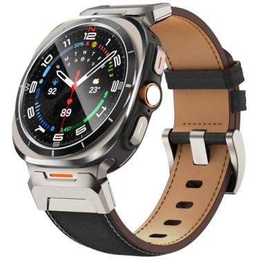 Imagem de FULLIFE Pulseiras de couro compatíveis com Samsung Galaxy Watch 7 Ultra de 47 mm, conector de metal de aço inoxidável resistente, pulseira de couro genuíno alargado para Samsung Watch Ultra 7,