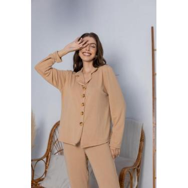 Imagem de Pijama Americano com Botão Manga e Calça Tricozinho Frio Areia - Veste