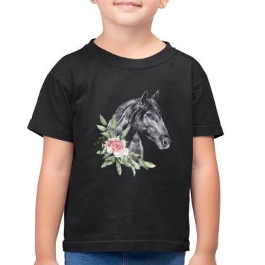 Imagem de Camiseta Algodão Infantil Cavalo e Flores - Foca na Moda, Preto, 6