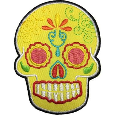 Imagem de Papapatch Tatuagem Mexicana de Caveira de Açúcar Cabeça Morta Motociclista DIY Bordado Aplique Costurado em Ferro no Patch - Amarelo (MEXI-02-AMARELOW)