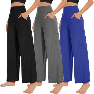 Imagem de NEW YOUNG Pacote com 3 calças femininas de pernas largas com bolsos, cintura alta, calças de moletom soltas, casual, lounge, yoga, treino, palazzo