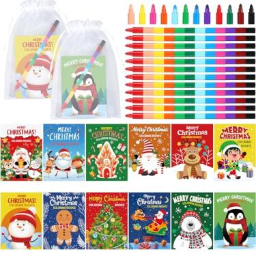 Imagem de Zhanmai Conjunto de 48 livros de colorir de Natal, pacote de presente, livros de colorir de Natal a granel para crianças, 12 cores, giz de cera, bolsa de presente de Natal, lembrancinhas de festa de