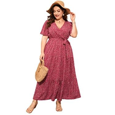 Imagem de ShopWonder Vestido feminino plus size com decote em V, cintura alta, babados, vestido casual de verão com cinto, Flor pequena vermelha, GG