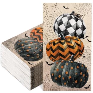 Imagem de JarThenaAMCS Guardanapos de papel para convidados de Halloween, 100 peças, xadrez, onda, abóbora, guardanapos de banheiro, teia de aranha, guardanapo de toalha de mão descartável para artigos de festa