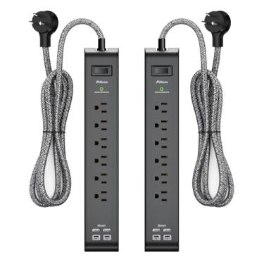 Imagem de Protetor contra surtos de 3,5 m - com 6 tomadas, 4 portas USB, cabo de extensão trançado resistente, plugue plano, 900 joules, disjuntor de 15A, suporte de parede para escritório doméstico (pacote com