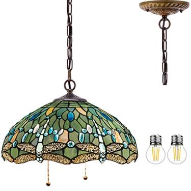 Imagem de Luminária Tiffany pendente para Ilha de Cozinha Grande Luminária Industrial Rustic Lustre Swag Farmhouse 40,64 cm Azul Marinha Vitral Libélula Abajur Boho Luminária Pendurada Quarto Sala de Jantar WERFACTORY
