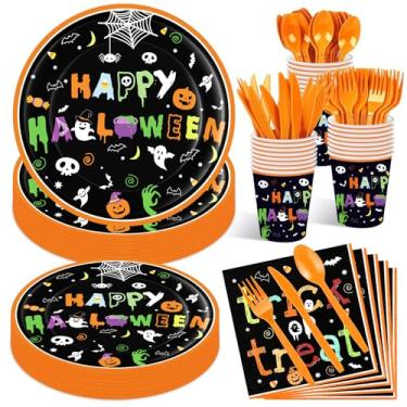 Imagem de Jremreo Conjunto de 175 peças de utensílios de mesa de Halloween – serve 25, louças descartáveis assustadoras para o Dia das Bruxas, inclui pratos, copos, guardanapos, garfos, colheres, facas para