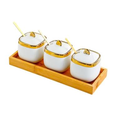 Imagem de WeiLaiKeQi Caixa de temperos Latas de condimentos de porcelana açucareiros Potes de condimentos de cerâmica resistentes Potes de temperos para sal Páprica, Branco
