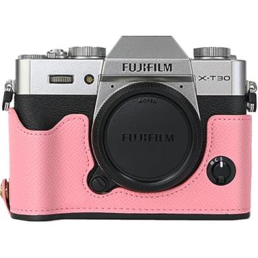 Imagem de Capa X-T30, capa BMAOLLONGB feita à mão em couro de fibra de carbono PU para meia câmera, versão com abertura inferior para Fujifilm X-T30 XT30 com alça de mão (rosa)