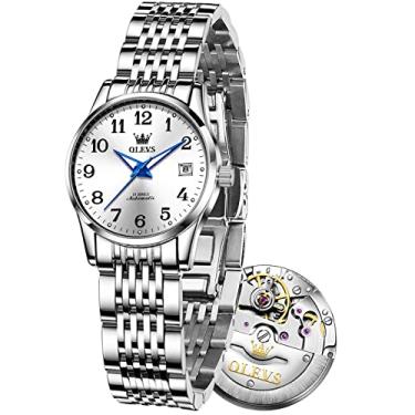 Imagem de Relógios Automáticos Femininos, Relógios de Pulso Femininos de Aço Inoxidável, Pulseira em Tom Dourado e Prata (Mostrador dourado/preto/verde/branco), Prata, Round, Relógio feminino prateado