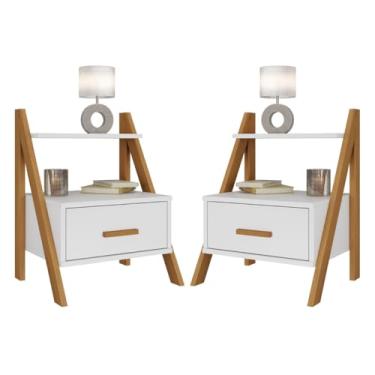 Imagem de Kit 2 Mesa de Cabeceira Aberta Mini Cômoda Quarto Mesinha Apoio Lateral Auxiliar Cama Retrô Anatelli 1 Gaveta Nicho Decoração - Offwhite/Freijó