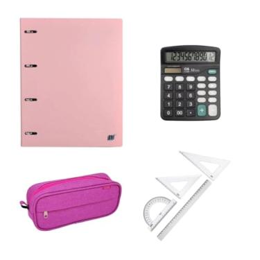 Imagem de Kit Material Escolar Escritório Calculadora Estojo Régua Caderno Argolado Rosa Pastel Juvenil Adulto