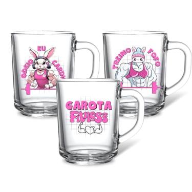 Imagem de Jogo 3 Canecas Vidro 225ml Estampa Treino Fofo Eu Odeio Cardio Garota Fitness Frases Meme Academia Humor Café Chá