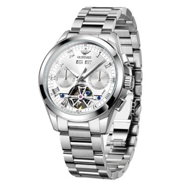 Imagem de OUPINKE Relógio masculino esqueleto, mecânico, automático, luxuoso, à prova d'água, cristal de safira, relógio de pulso masculino (mostrador dourado/azul/preto/verde), 3281: pulseira prata e mostrador