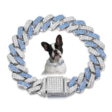 Imagem de Corrente dourada para cães, coleira de elos cubanos de metal diamante, colar brilhante de 15 mm de largura para cães de estimação pequenos, médios e grandes, gatos, azul prateado (45,7 cm)