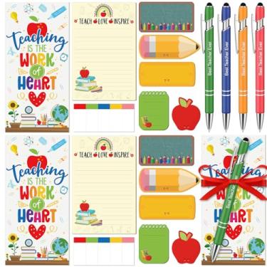Imagem de Jetec 4 conjuntos de notas adesivas engraçadas para professores com caneta, régua, quadro-negro, lápis em forma de maçã, notas autoadesivas para escola, escritório, dia do professor, presentes de