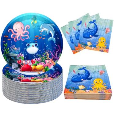Imagem de GOGUOGOFA 80Pcs Under The Sea Party Supplies Ocean Sea Life Party Set 7" Ocean Animal Paper Plate Ocean Napkins Para Sea Horse Baiacu Polvo Tema De Animais Marinhos Under The Sea Party Decorations |