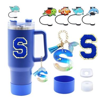 Imagem de Liangang Conjunto de acessórios de copo Stanley azul oceano, 9 peças, incluindo bota, tampa à prova de derramamento, 4 peças de capa de canudo de animais, pingente de alça de iniciais e carta adesiva
