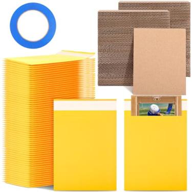 Imagem de Tatuo O conjunto de 301 peças de protetor de envio de cartões colecionáveis inclui 200 inserções de folhas de papelão ondulado, 100 envelopes acolchoados e fita adesiva (amarelo)