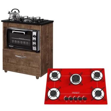 Imagem de Kit Balcão Cooktop 5 Bocas Proposita Ypê Com Fogão Cooktop Vermelho