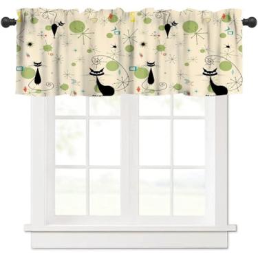 Imagem de Cortina de saia de meados do século, rústica vintage moderna estrela atômica gato preto explosão geometria abstrata sanefas curtas tratamento de janela para cozinha, banheiro, sala de estar, quarto de