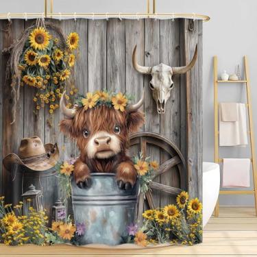 Imagem de Cortina de chuveiro Western Highland Cow, fazenda, caubói fofo, porta de celeiro, girassol, conjunto de decoração de banheiro, gado rústico, engraçado, em tecido balde, impermeável, cortina de