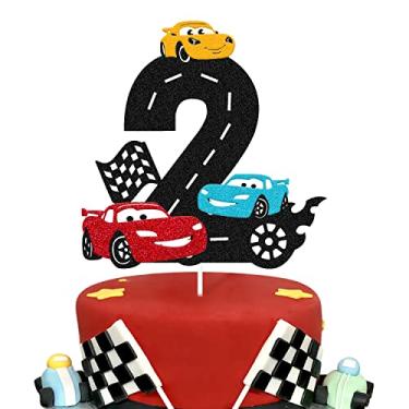 Imagem de Topo de bolo de carro de corrida para carro de corrida com tema de bandeira quadriculada crianças menino menina 2 anos feliz 2 artigos de festa de aniversário dupla face