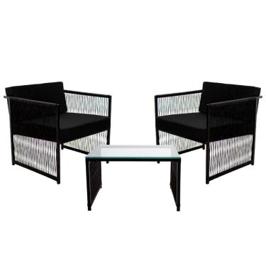 Imagem de Conjunto de 2 Poltronas em Fibra Sintética e Mesa de Centro Quadrada com Tampo de Vidro Santiago