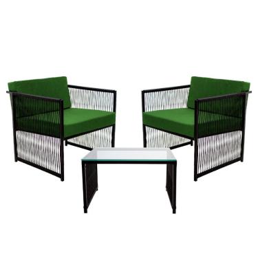 Imagem de Conjunto de 2 Poltronas em Fibra Sintética e Mesa de Centro Quadrada com Tampo de Vidro Santiago