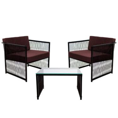 Imagem de Conjunto de 2 Poltronas em Fibra Sintética e Mesa de Centro Quadrada com Tampo de Vidro Santiago