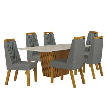 Imagem de Mesa de Jantar Liz 180x90 Freijó Off White com 6 Cadeiras Freijó Linho Cinza - Leifer Móveis